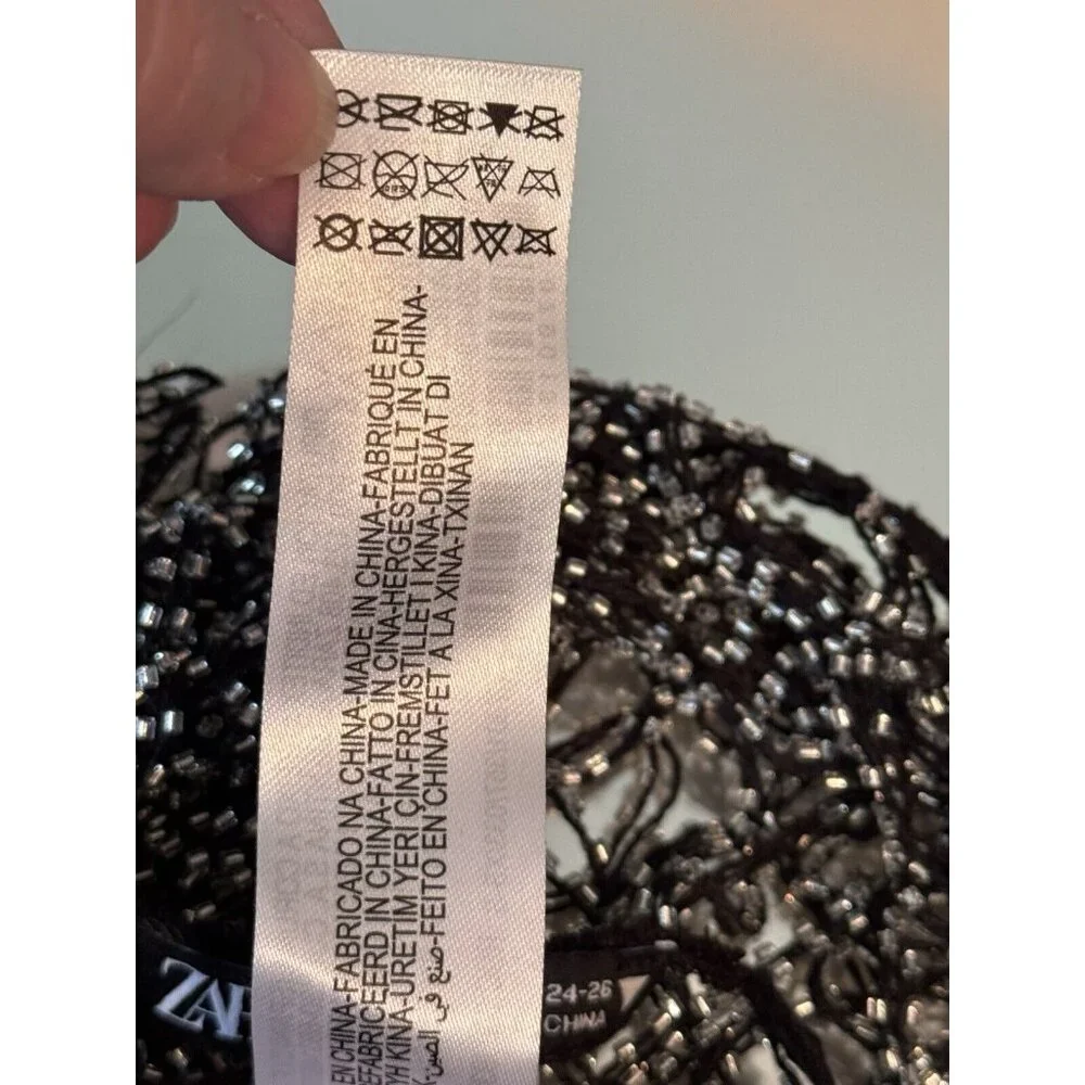 Zara Women’s XS Black Beaded Mesh Fishnet Top Alternative Goth Glam Festival